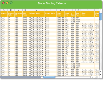 Stocks Trading Calendar Sample